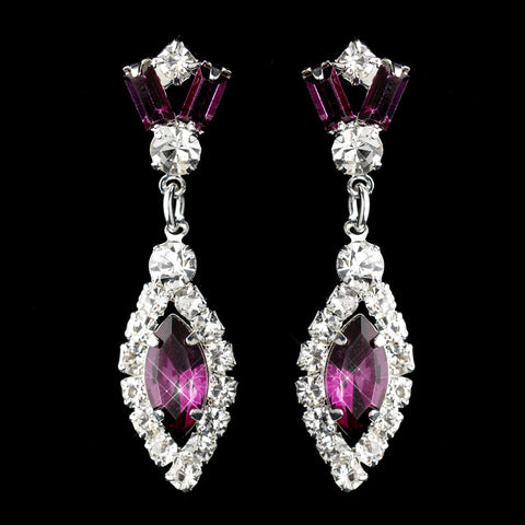 Silver Amethyst & Clear Marquise Baguette Round Rhinestone Drop Bridal Wedding Earrings 0124