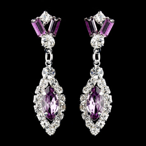 Silver Light Amethyst & Clear Marquise Baguette Round Rhinestone Drop Bridal Wedding Earrings 0124