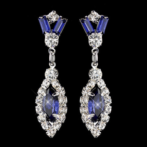Silver Navy & Clear Marquise Baguette Round Rhinestone Drop Bridal Wedding Earrings 0124