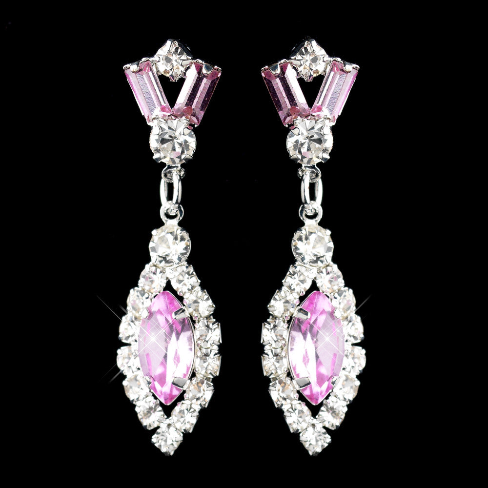 Silver Pink & Clear Marquise Baguette Round Rhinestone Drop Bridal Wedding Earrings 0124
