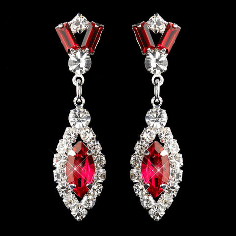 Silver Red & Clear Marquise Baguette Round Rhinestone Drop Bridal Wedding Earrings 0124