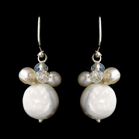 Silver Freshwater Coin Pearl & AB Swarovski Crystal Bead Hook Bridal Wedding Earrings 0126
