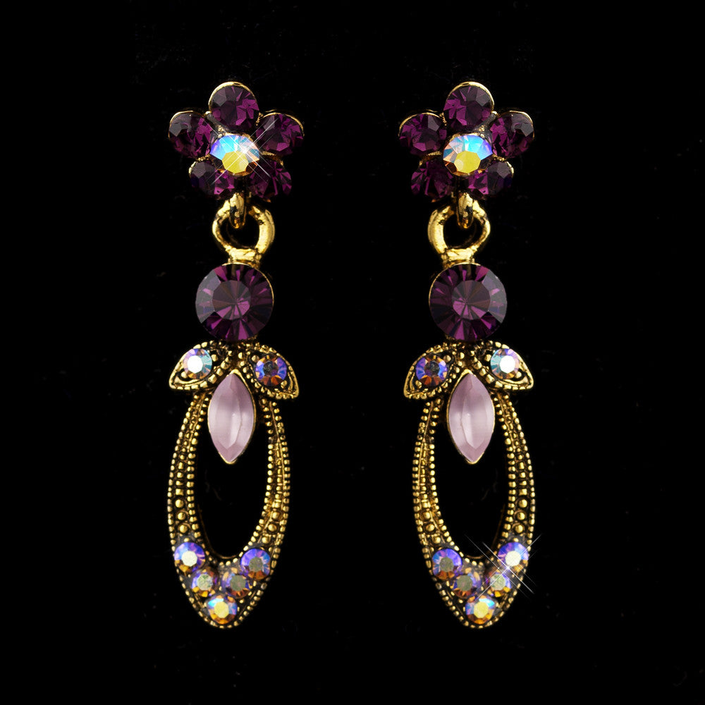 Gold Amethyst Marquise & Round Rhinestone Drop Bridal Wedding Earrings 0314