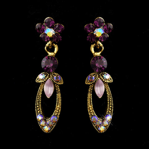 Gold Amethyst Marquise & Round Rhinestone Drop Bridal Wedding Earrings 0314