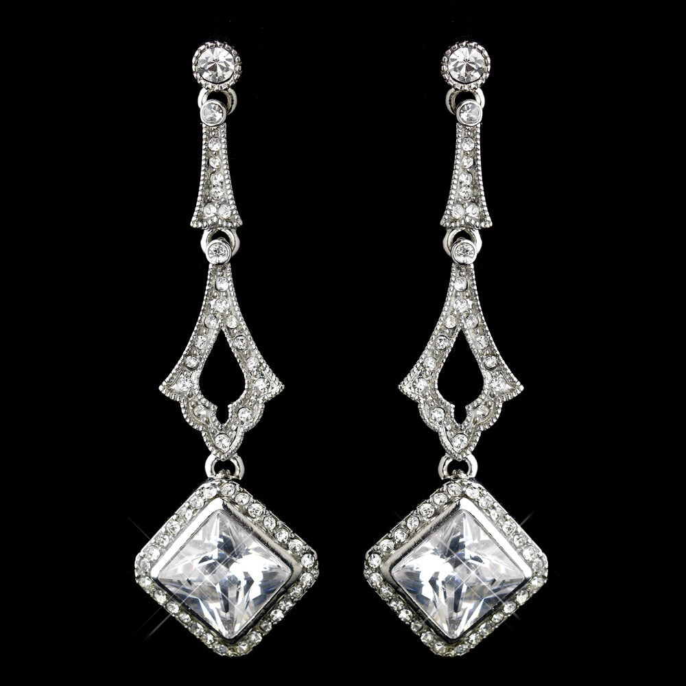 Antique Silver Clear CZ Crystal & Rhinestone Drop Bridal Wedding Earrings 0361