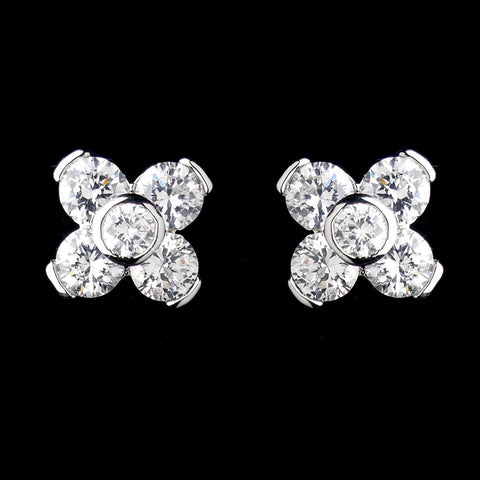 Silver Clear CZ Crystal Flower Stud Bridal Wedding Earrings 0598
