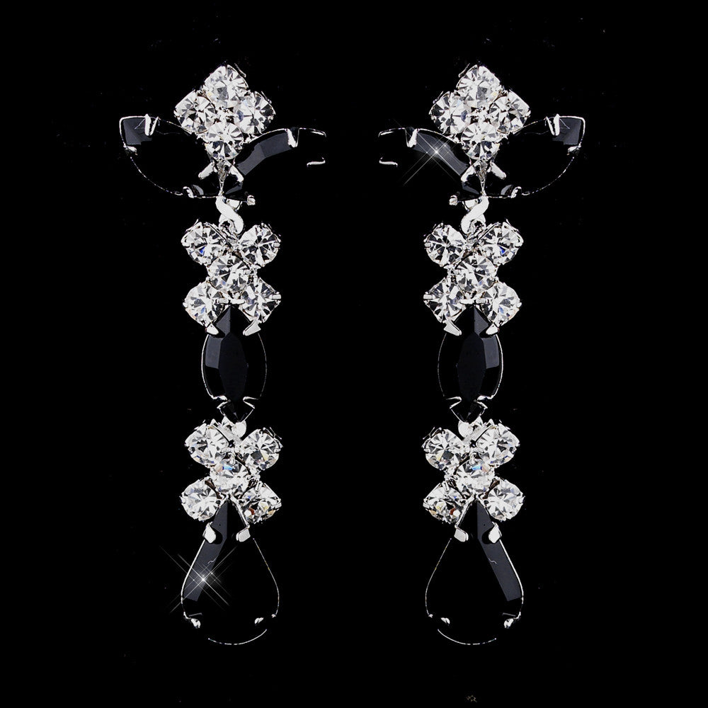 Silver Black & Clear Round, Marquise, Teardrop Bridal Wedding Earrings 1007