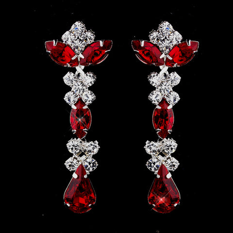 Silver Red & Clear Round, Marquise, Teardrop Bridal Wedding Earrings 1007