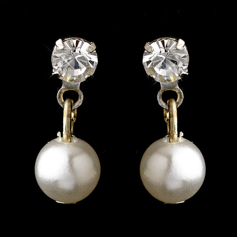Silver White Pearl & Clear Round Rhinestone Bridal Wedding Earrings 1025