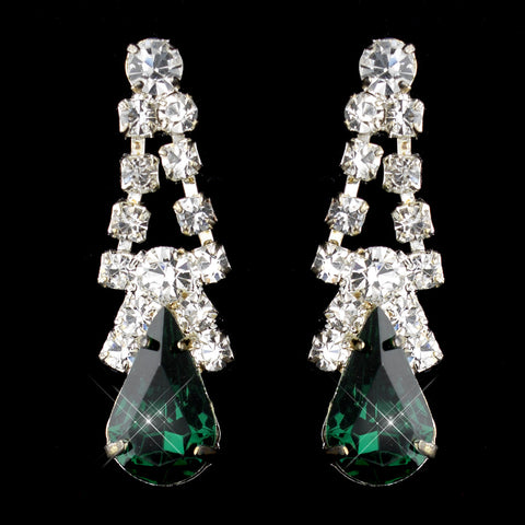 Silver Emerald & Clear Round & Teardrop Bridal Wedding Earrings 1031