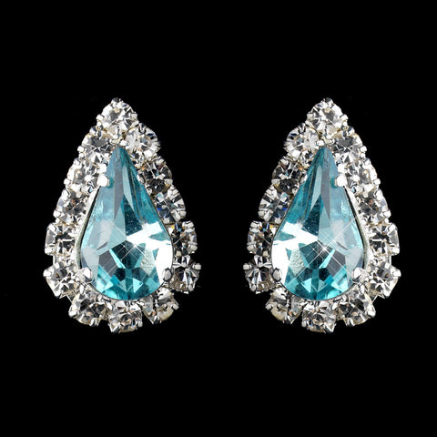 Silver Aqua & Clear Teardrop Stud Bridal Wedding Earrings 1361