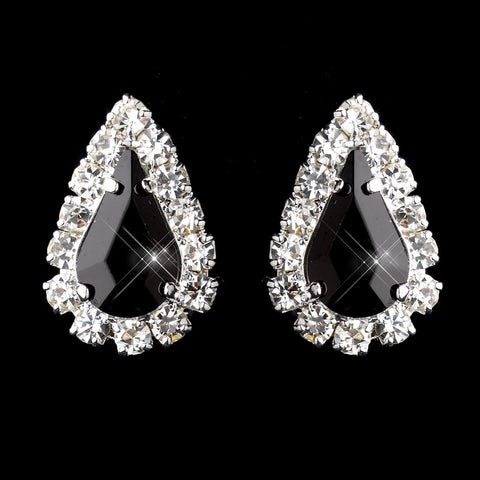 Silver Black & Clear Teardrop Stud Bridal Wedding Earrings 1361