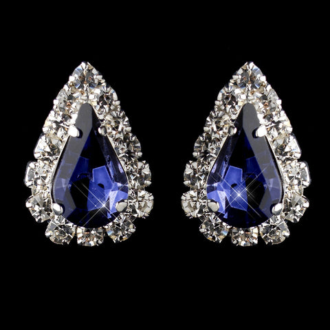 Silver Navy & Clear Teardrop Stud Bridal Wedding Earrings 1361