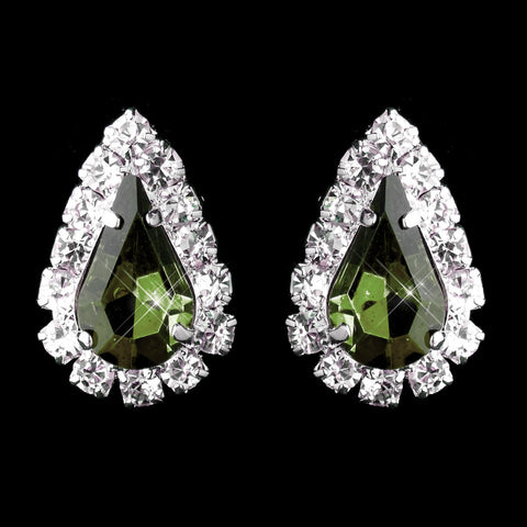 Silver Olive & Clear Teardrop Stud Bridal Wedding Earrings 1361