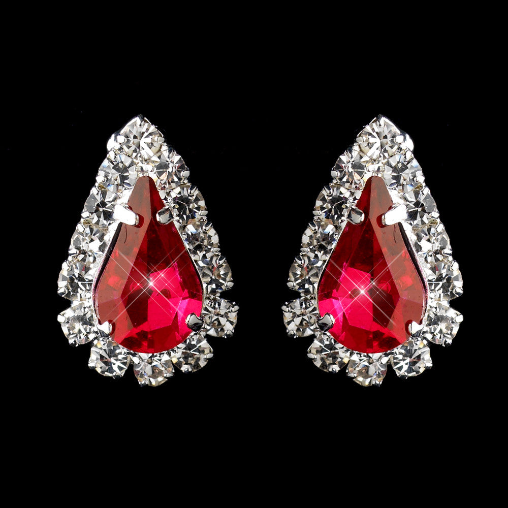Silver Red & Clear Teardrop Stud Bridal Wedding Earrings 1361