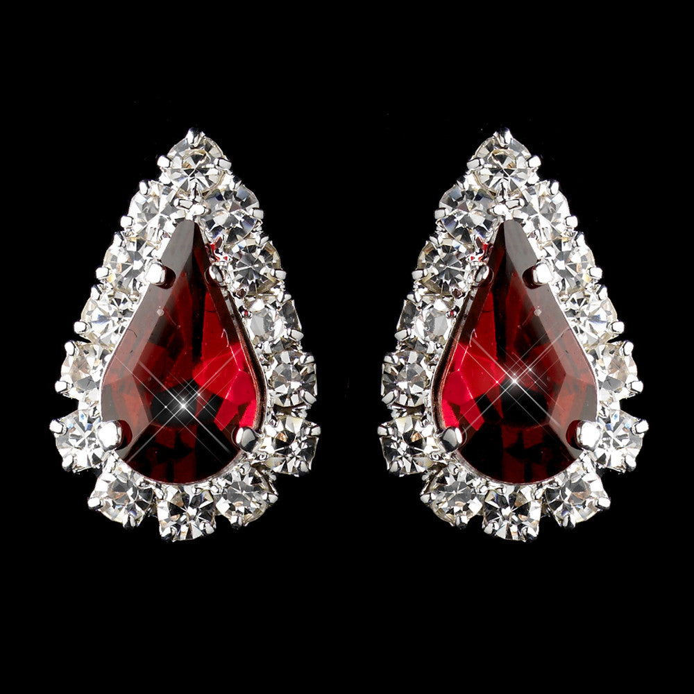 Silver Ruby & Clear Teardrop Stud Bridal Wedding Earrings 1361