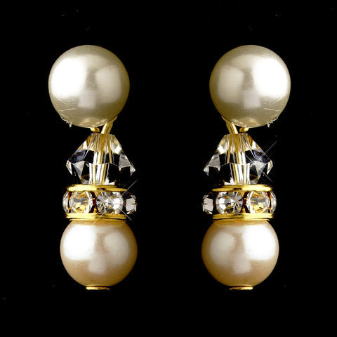 Gold Ivory Pearls & Clear Swarovski Crystal Rondelle Rhinestones Bridal Wedding Earrings 1402