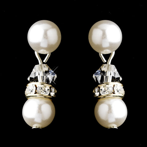 Silver White Pearls & Clear Swarovski Crystal Rondelle Rhinestones Bridal Wedding Earrings 1402