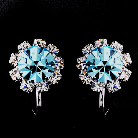 Silver Aqua & Clear Round Rhinestone Stud Bridal Wedding Earrings 1442