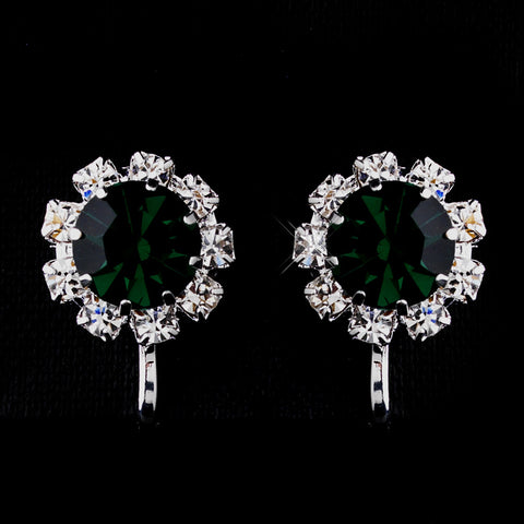 Silver Emerald & Clear Round Rhinestone Bridal Wedding Hair Clipped Stud Bridal Wedding Earrings 1442