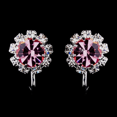 Silver Pink & Clear Round Rhinestone Stud Bridal Wedding Earrings 1442