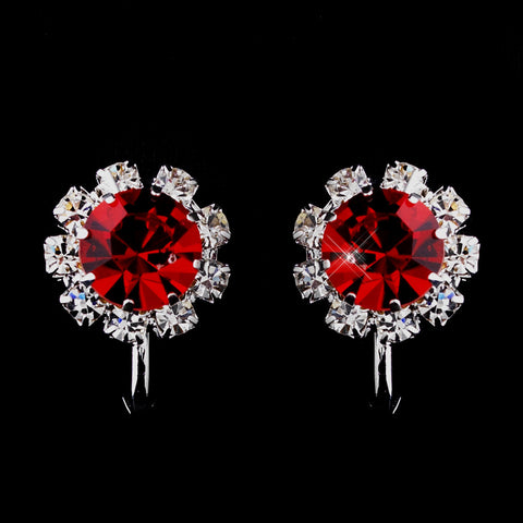 Silver Red & Clear Round Rhinestone Stud Bridal Wedding Earrings 1442