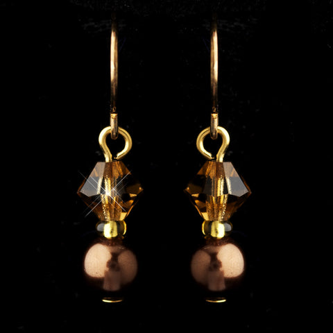 Gold Brown Czech Glass Pearl & Swarovski Crystal Bead Bridal Wedding Earrings 2031