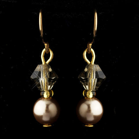 Gold Light Brown Czech Glass Pearl & Swarovski Crystal Bead Bridal Wedding Earrings 2031