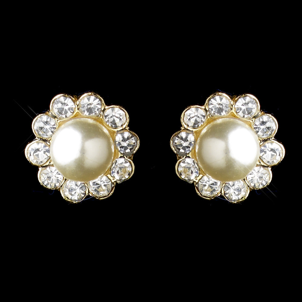 Gold Ivory Pearl & Round Rhinestone Flower Stud Bridal Wedding Earrings 2070