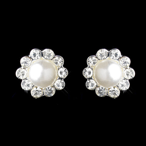 Silver White Pearl & Round Rhinestone Flower Stud Bridal Wedding Earrings 2070