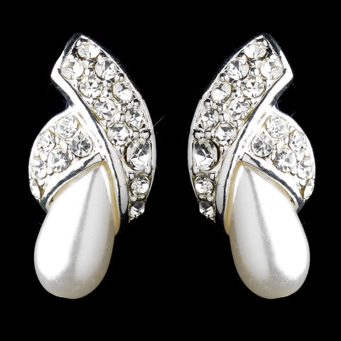 Silver White Pearl & Round Rhinestone Stud Bridal Wedding Earrings 2073