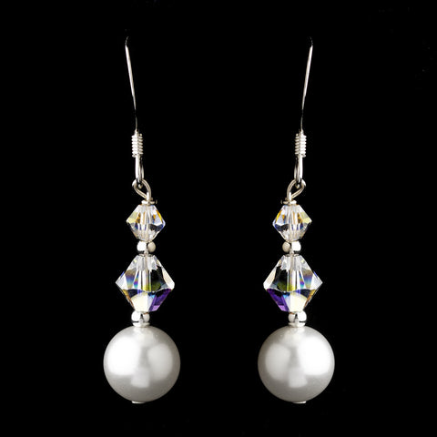 Silver White Glass Pearl & Swarovski Crystal Bead Dangle Bridal Wedding Earrings 2101