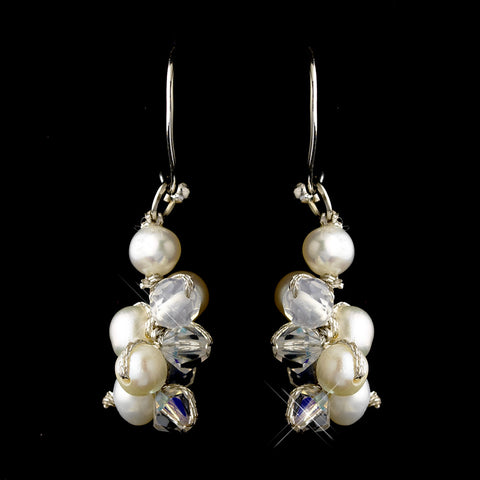 Silver Freshwater Pearl & AB Swarovski Crystal Bead Dangle Hook Bridal Wedding Earrings 2148