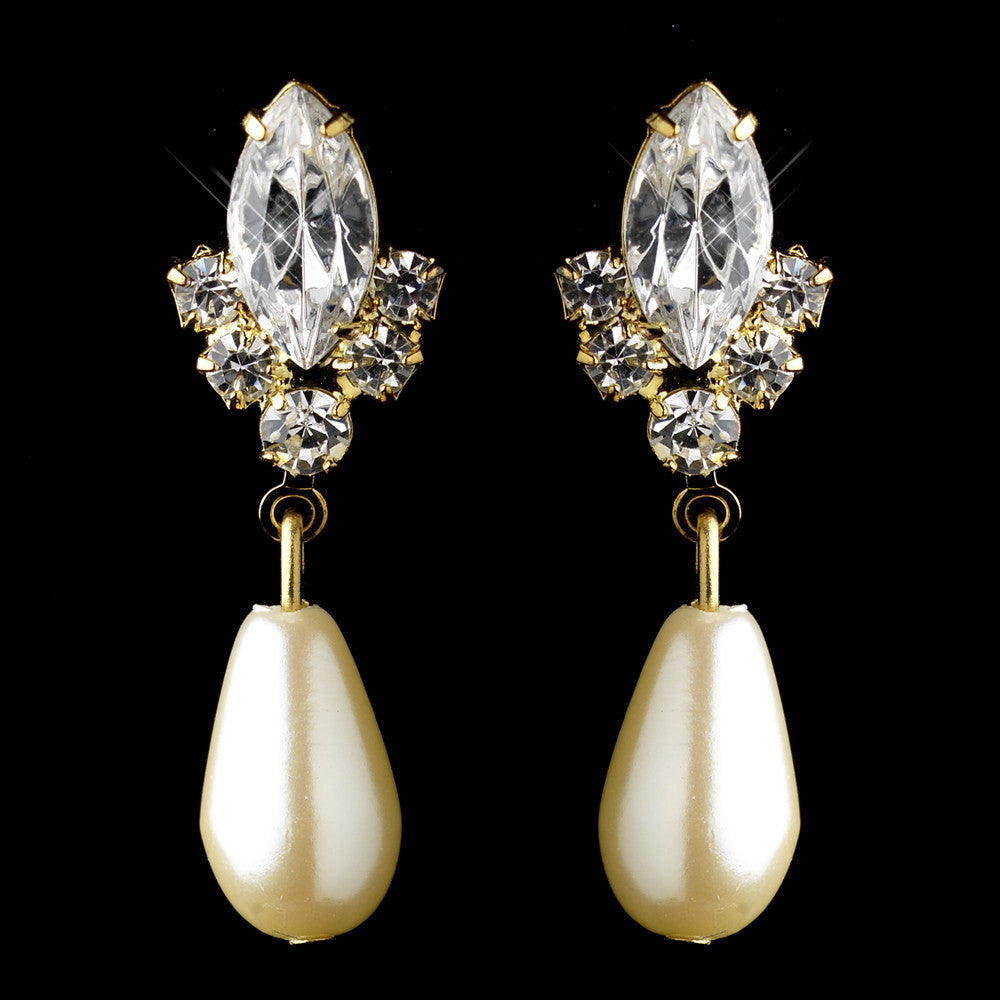 Gold Ivory Pearl & Clear Teardrop Rhinestone Dangle Bridal Wedding Earrings 2214