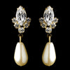 Gold Ivory Pearl & Clear Teardrop Rhinestone Dangle Bridal Wedding Earrings 2214