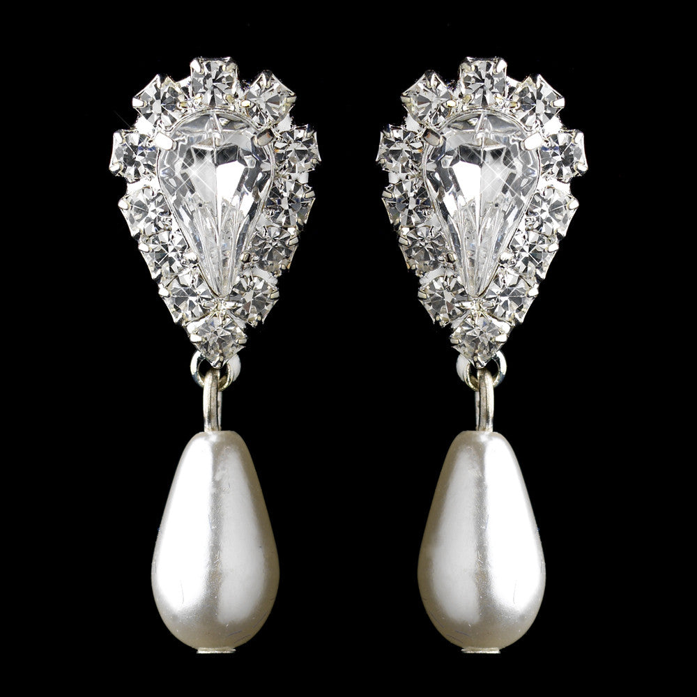 Silver White Pearl & Clear Teardrop Rhinestone Dangle Bridal Wedding Earrings 2214