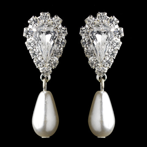 Silver White Pearl & Clear Teardrop Rhinestone Dangle Bridal Wedding Earrings 2214