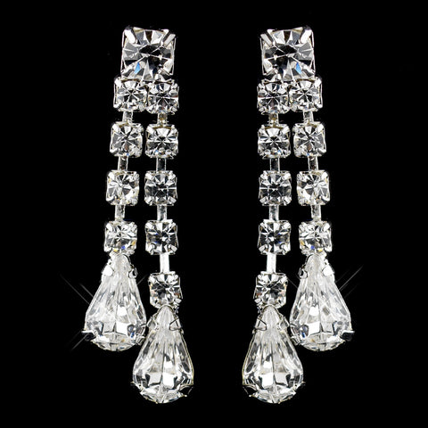 Silver Clear Two Row Teardrop & Round Rhinestone Dangle Bridal Wedding Earrings 2559