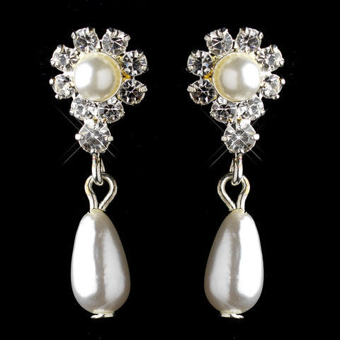 Silver White Pearl & Clear Rhinestone Dangle Bridal Wedding Earrings 2560