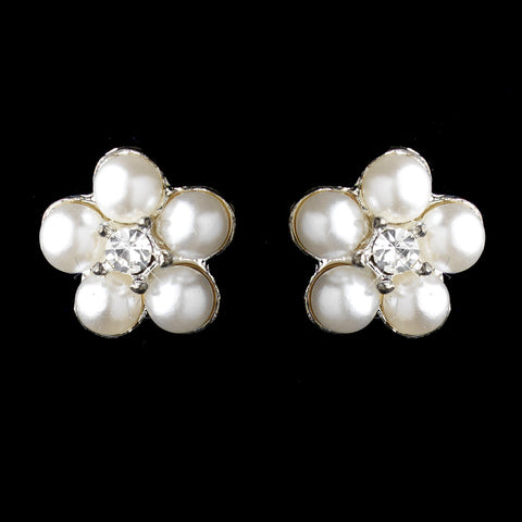 Silver White Pearl & Round Rhinestone Flower Stud Bridal Wedding Earrings 2606