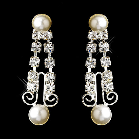 Silver White Pearl & Clear Round Rhinestone Dangle Filigree Bridal Wedding Earrings 2706
