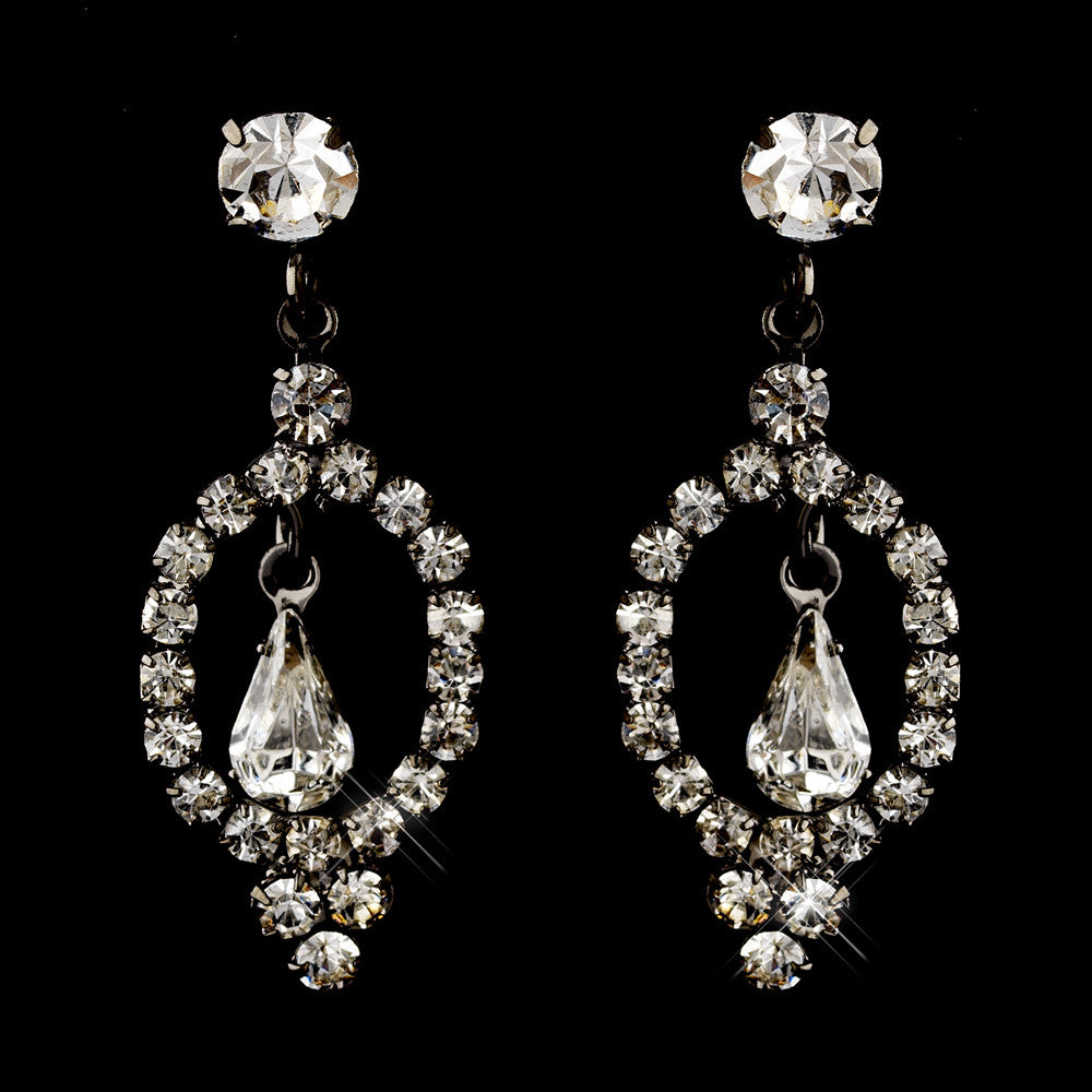 Hematite Clear Round & Teardrop Rhinestone Dangle Bridal Wedding Earrings 2840