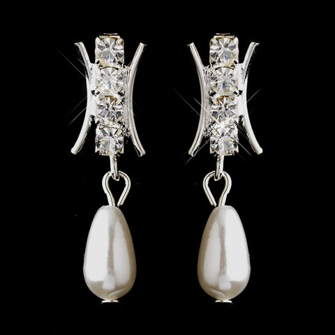 Silver White Pearl & Rhinestone Dangle Bridal Wedding Earrings 3377