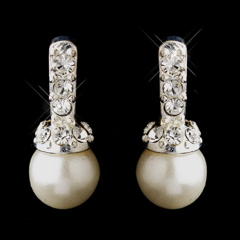 Silver White Glass Pearl & Rhinestone Bridal Wedding Earrings 3592