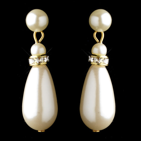 Gold Ivory Glass Pearl & Clear Rhinestone Rondelle Drop Bridal Wedding Earrings 4691