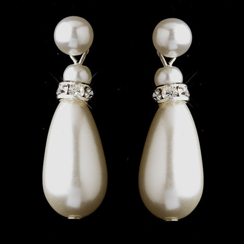 Silver White Glass Pearl & Clear Rhinestone Rondelle Drop Bridal Wedding Earrings 4691