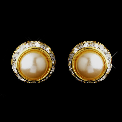 Gold Ivory Pearl & Clear Rhinestone Rondelle Stud Bridal Wedding Earrings 4712