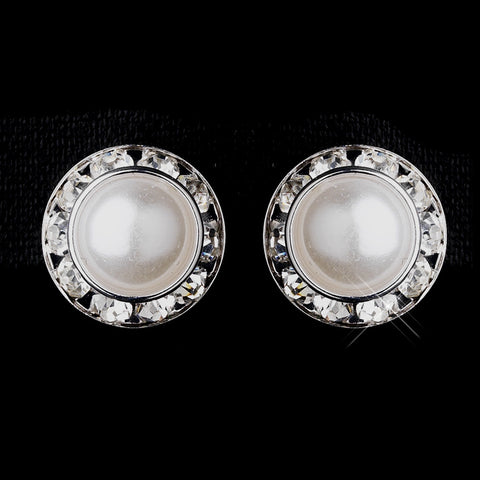 Silver White Pearl & Clear Rhinestone Rondelle Stud Bridal Wedding Earrings 4712
