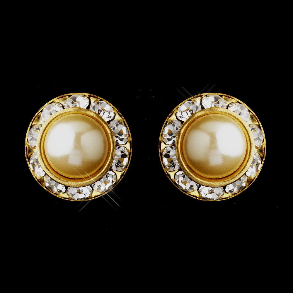 Gold Ivory Pearl & Clear Rhinestone Stud Button Bridal Wedding Earrings 4722