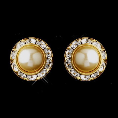 Gold Ivory Pearl & Clear Rhinestone Stud Button Bridal Wedding Earrings 4722